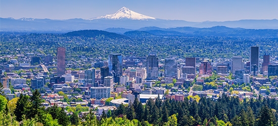 Downtown Portland, Oregon, with Mount Hood in the background.