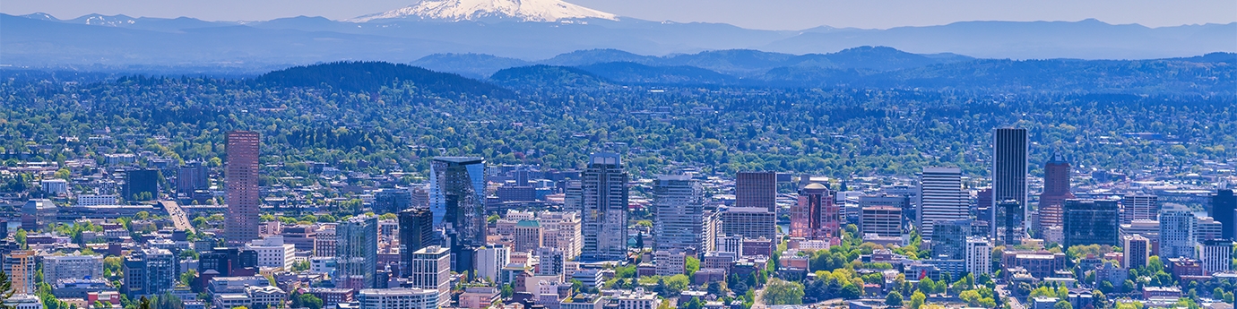 Downtown Portland, Oregon, with Mount Hood in the background.
