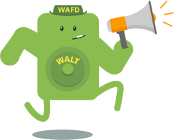 WaFd Walt making an announcement on a megaphone.