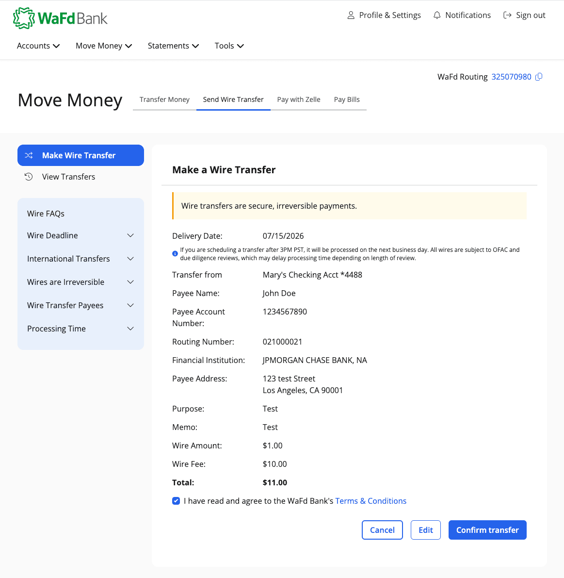 Online wire transfer step 6.
