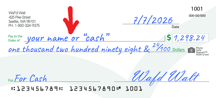 Image showing "your name or cash" added to a check to yourself.