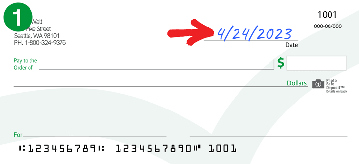 Imagen que muestra "24/4/2023" agregado a la sección de fecha de un cheque.
