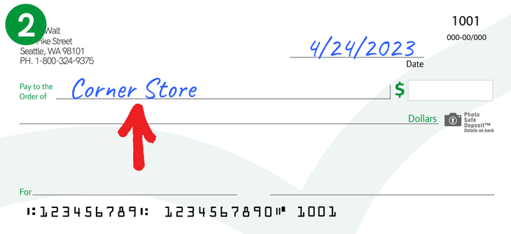 Imagen que muestra la palabra "Corner Store" agregada a la sección del beneficiario de un cheque.