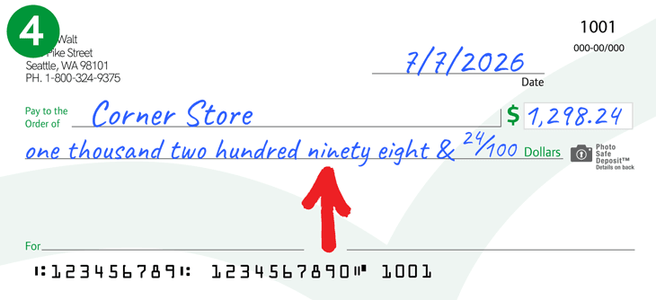 Imagen que muestra "One thousand, two hundred ninety eight & 24/100" agregado a la sección de dólares de un cheque.