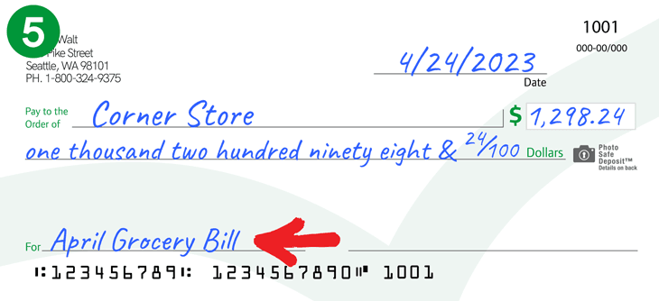 Imagen que muestra "April grocery bill" agregada a la sección de notas de un cheque.
