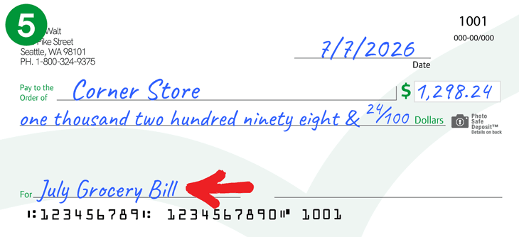 Imagen que muestra "July grocery bill" agregada a la sección de notas de un cheque.