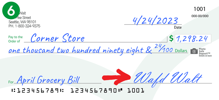 Imagen que muestra la firma "WaFd Walt" agregada a un cheque.