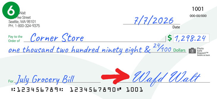 Imagen que muestra la firma "WaFd Walt" agregada a un cheque.