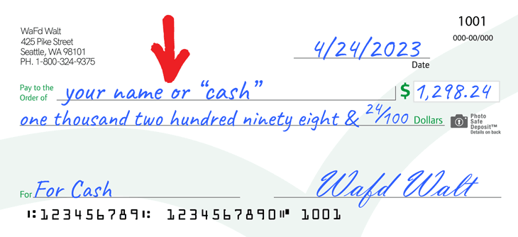 Imagen que muestra "your name or cash" agregado a un cheque a su nombre.