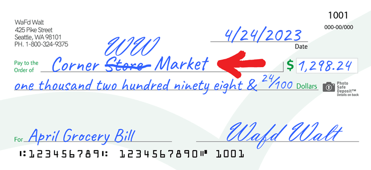 Imagen que muestra "Corner Store Market" con "Store" tachado y la firma "WW" agregada en la enmienda de un beneficiario de cheque.