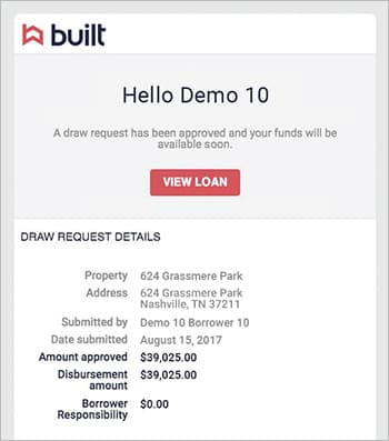 Step 5 in built Construction Project - Builder/Borrower receives notification of disbursed funds approval.