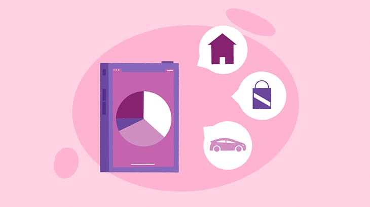 An illustration showing a tablet displaying a pie chart, with icons representing common budget categories: a house (housing), a shopping bag (spending/groceries), and a car (transportation).