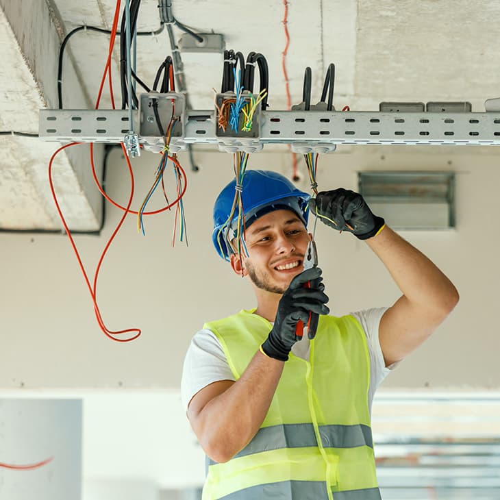 A worker in a hard hat and safety vest smiling while using pliers to organize colorful wiring in a ceiling conduit.