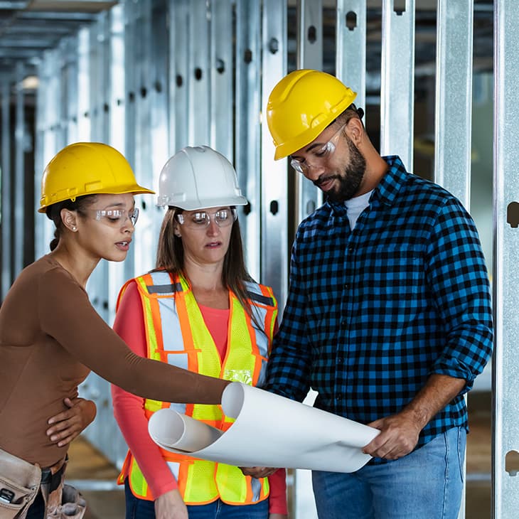 Three construction workers in hard hats and safety glasses review blueprints together inside a building under renovation with exposed metal studs.
