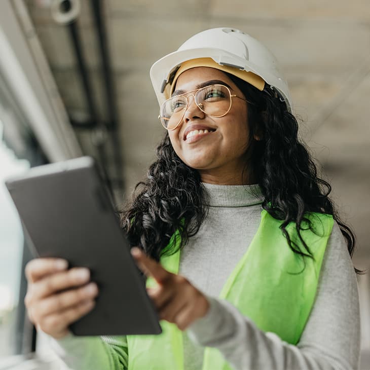 A woman wearing a white hard hat, safety vest, and glasses smiles while holding a tablet in a building under construction.