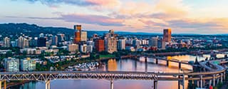 Downtown Portland, Oregon, with Mount Hood in the background.