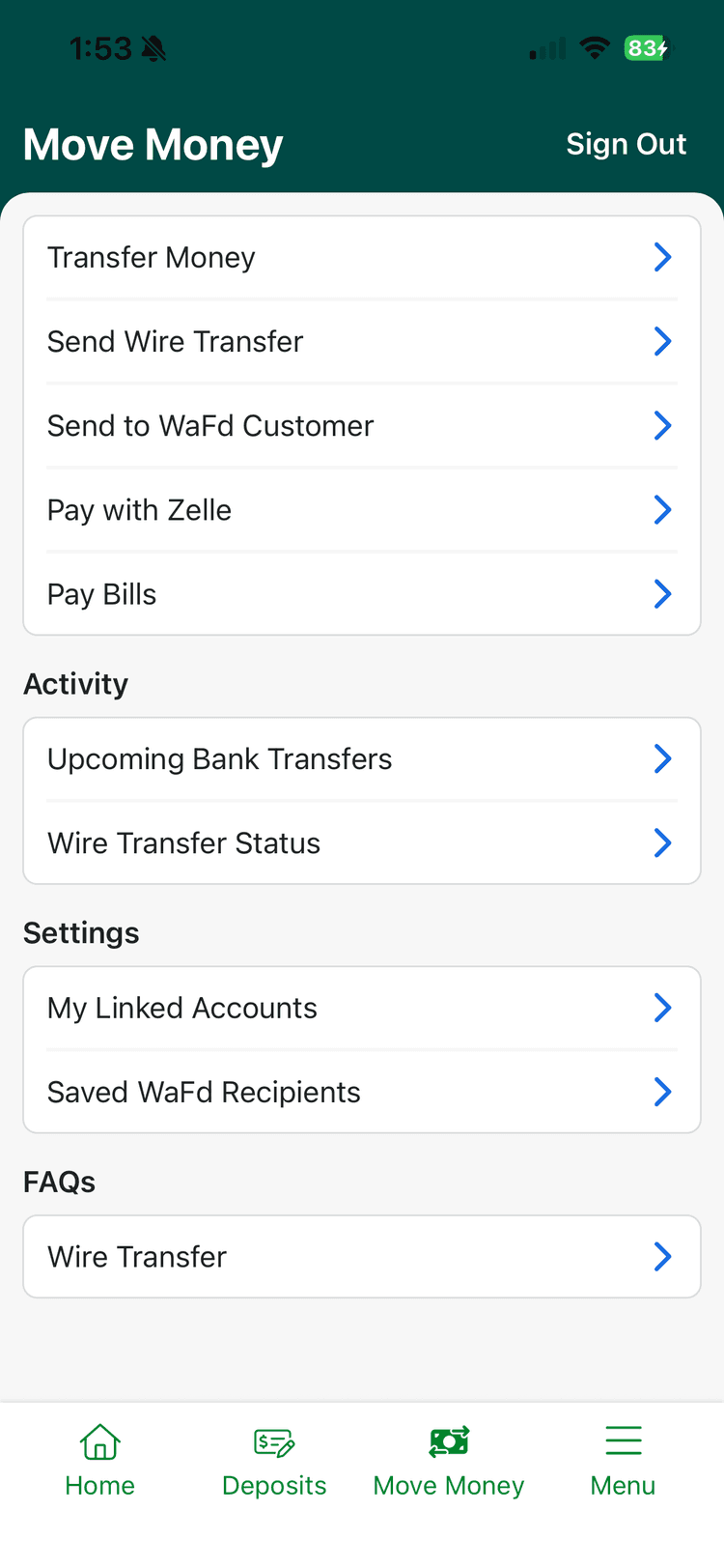 WaFd Bank mobile application Move Money screen.