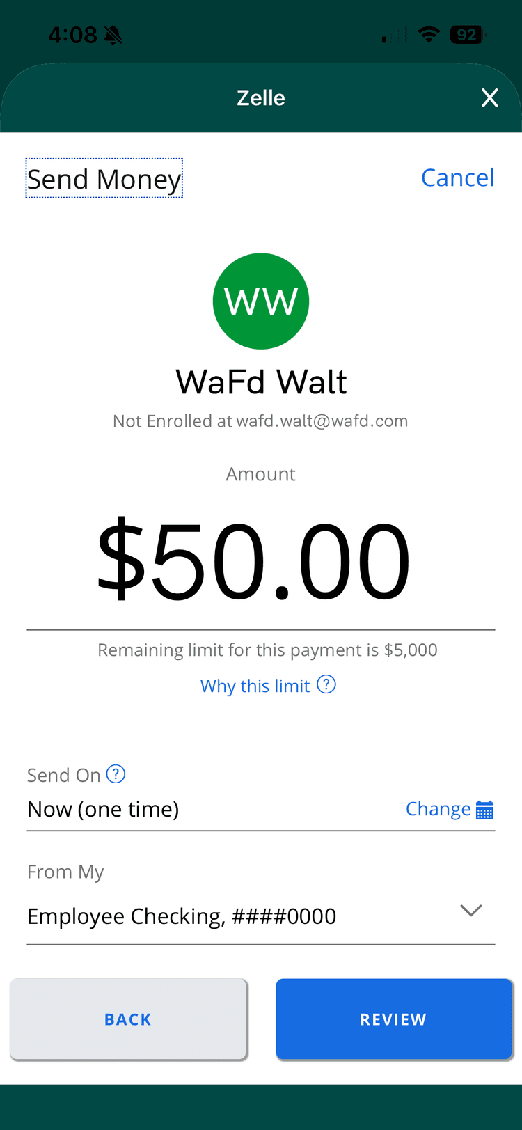 WaFd Bank mobile application Zelle Send screen.