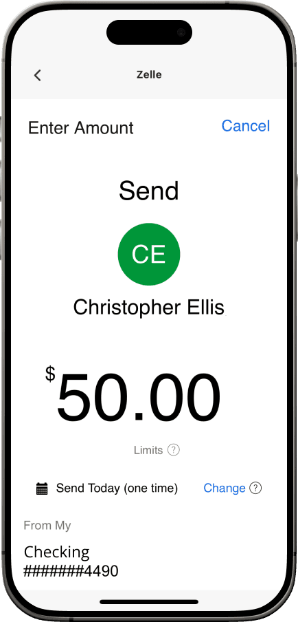 WaFd Bank mobile application Zelle Send screen.