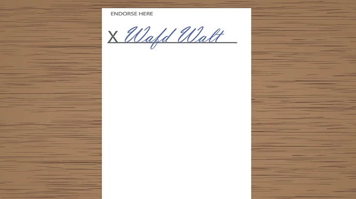 Endorse here line signed by WaFd Walt on back of check.
