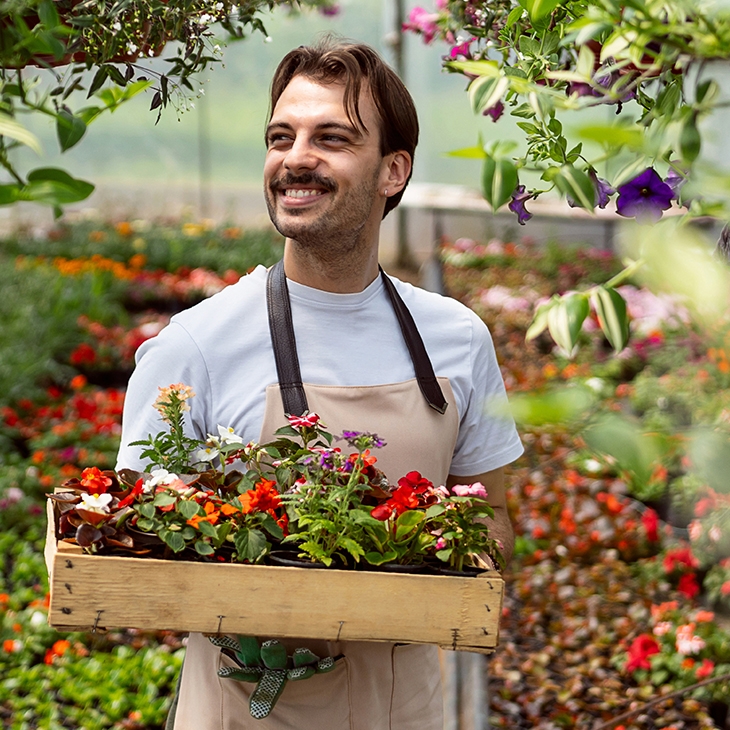Smiling male gardener in an apron holding a wooden crate of colorful flowers in a greenhouse.