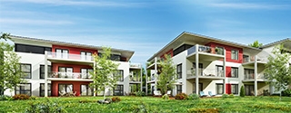 Modern multifamily buildings.