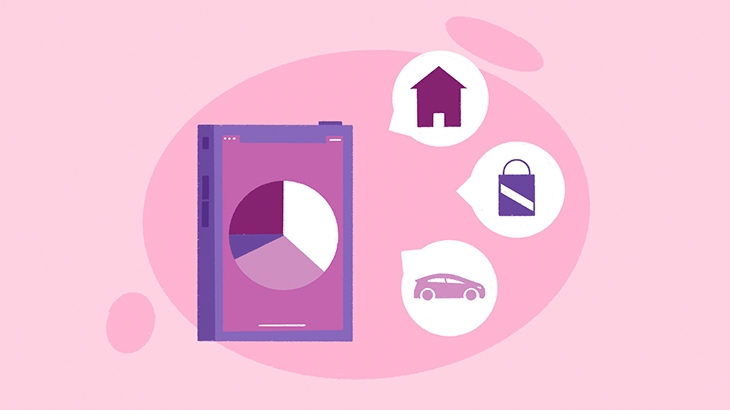 An illustration showing a tablet displaying a pie chart, with icons representing common budget categories: a house (housing), a shopping bag (spending/groceries), and a car (transportation).