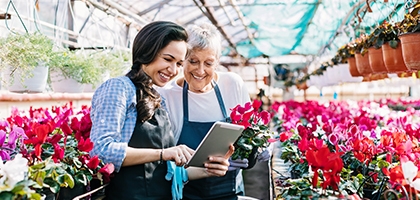 Gardeners with tablet in greenhouse surrounded by flowers