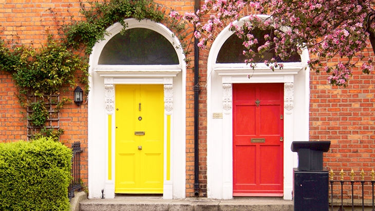 Yellow and red two doors with pink blooms and green ivies on the brick wall.