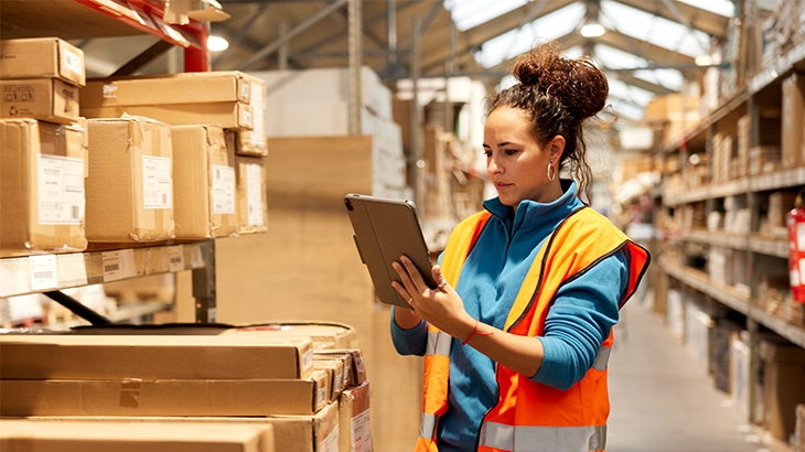 Woman using a tablet in a warehouse.