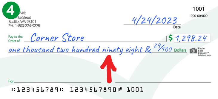 Image showing "One thousand, two hundred ninety eight & 24/100" added to the dollars section of a check