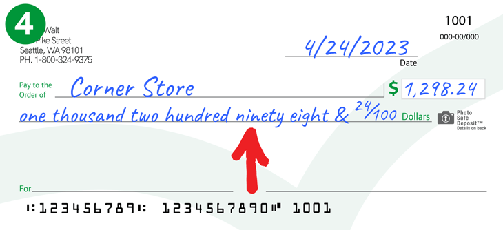 Image showing "One thousand, two hundred ninety eight & 24/100" added to the dollars section of a check.