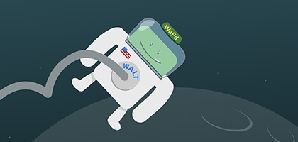 Walt the Vault floating in space wearing an astronaut suit.