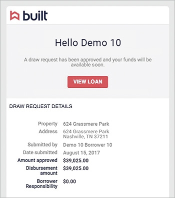 Step 1 in Built Construction Project - Builder/Borrower receives notification of disbursed funds approval