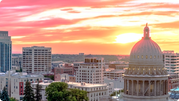 Sunset over Capitol of Idaho, City of Boise skyline.