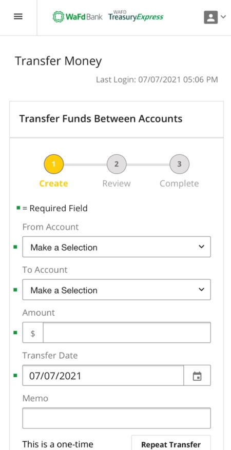 WAFD Treasury Express App Transfer Funds Screen