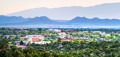 Sante Fe, New Mexico, with the Sangre de Cristo mountains in the background.