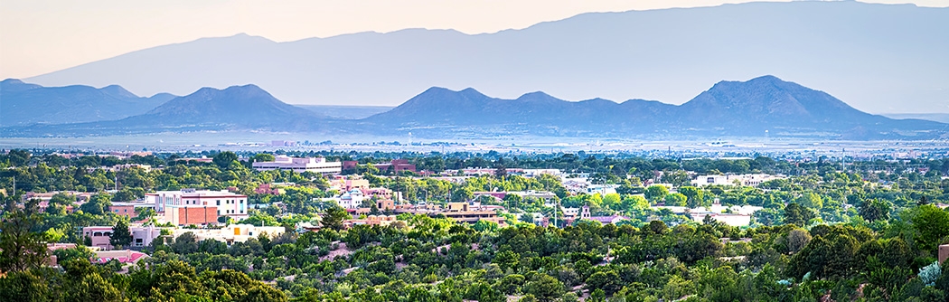 Sante Fe, New Mexico, with the Sangre de Cristo mountains in the background.