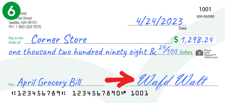Image showing "WaFd Walt" signature added to a check