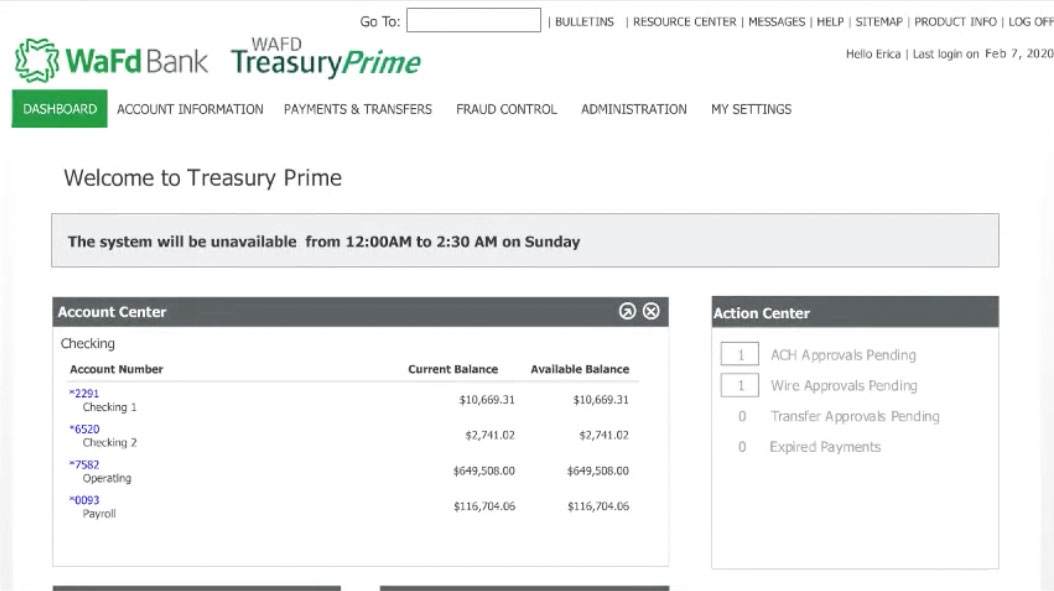 Screenshot of the Treasury Prime online business banking dashboard
