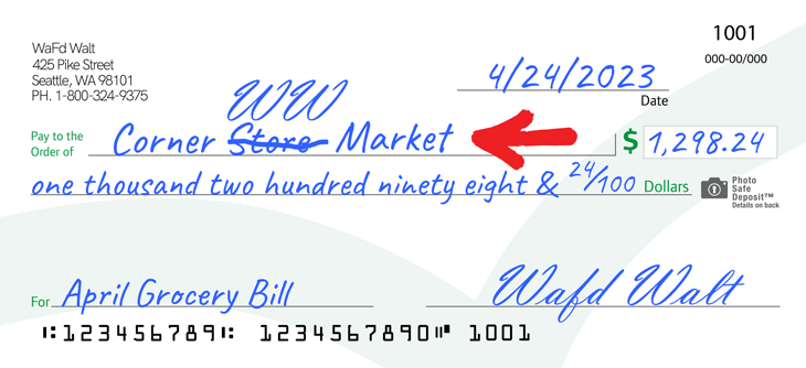 Image showing "Corner Store Market" with "Store" Crossed out and "WW" signature added in amendment of a check payee