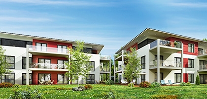 Modern multifamily buildings.