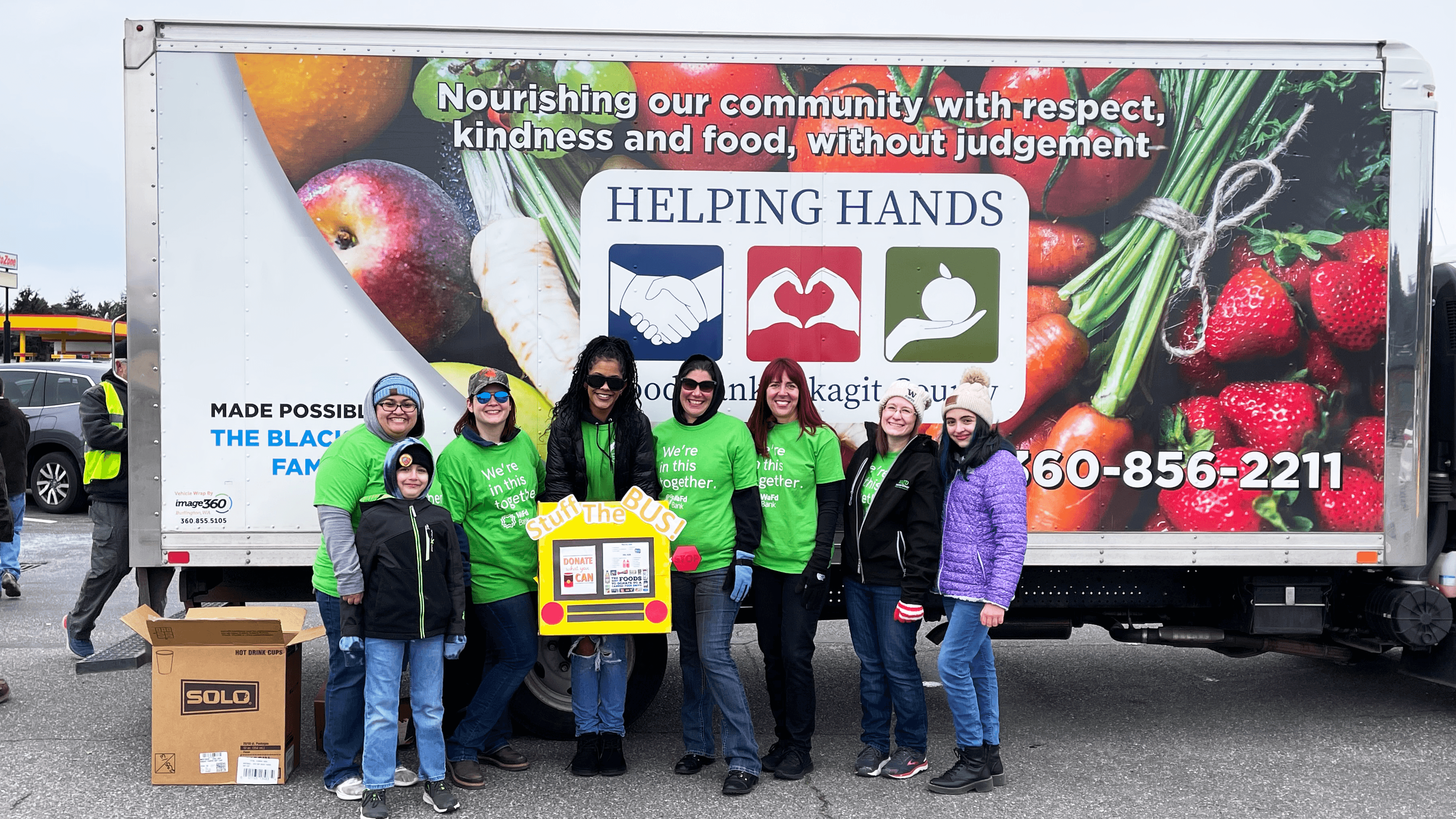 WaFd employees volunteering Stuff the Bus, Helping Hands in Washington