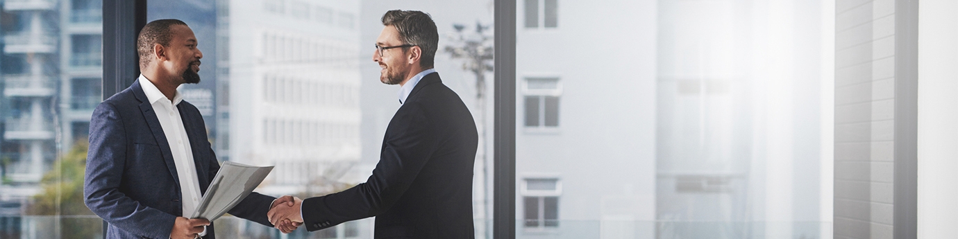 Two businessmen shaking hands at work