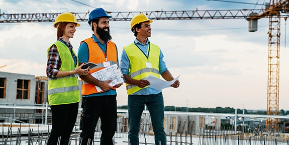 Engineer, architect, and contractor on the construction site with a crane in the background.