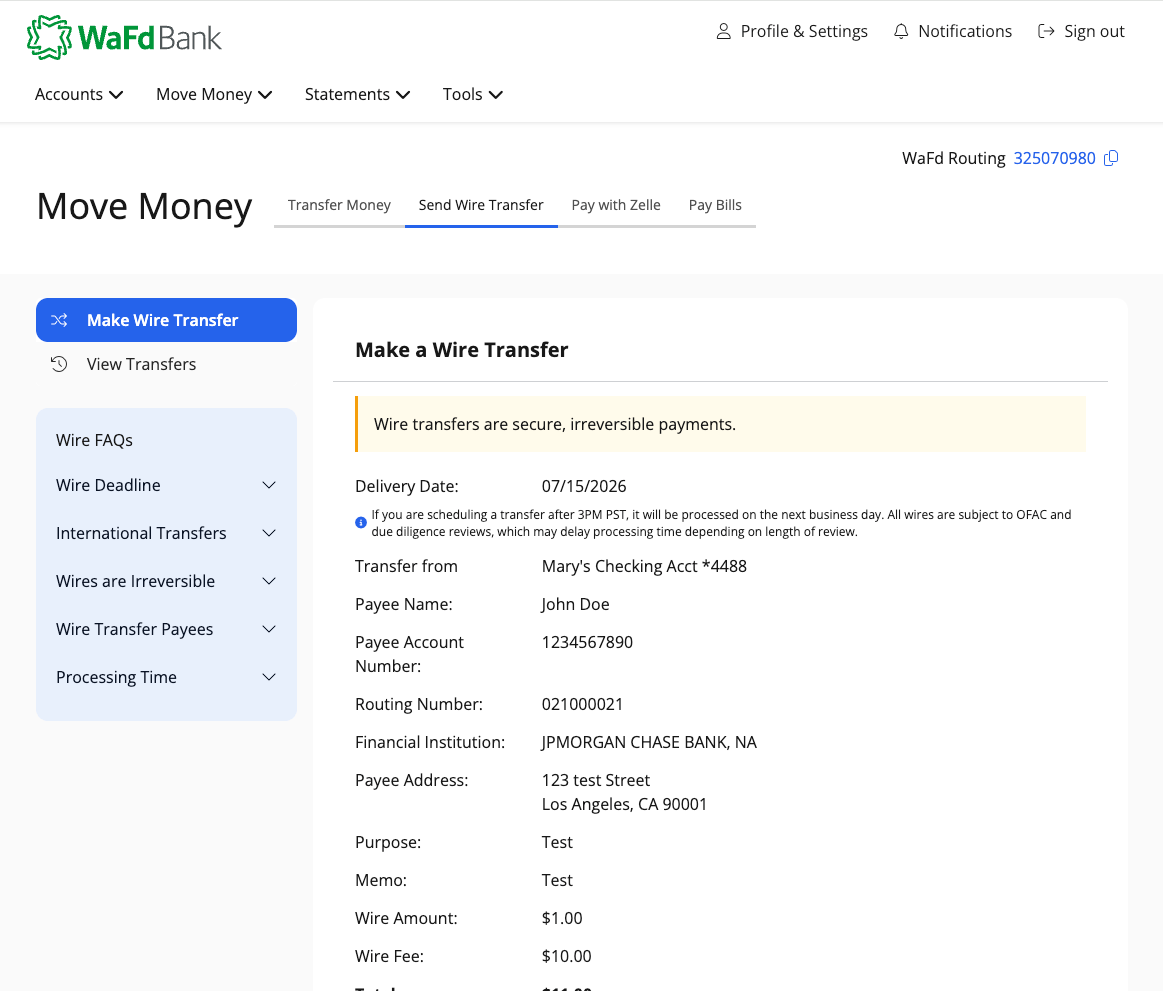 Online wire transfer step 6.