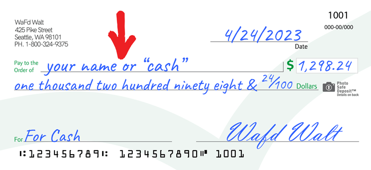 Image showing "your name or cash" added to a check to yourself