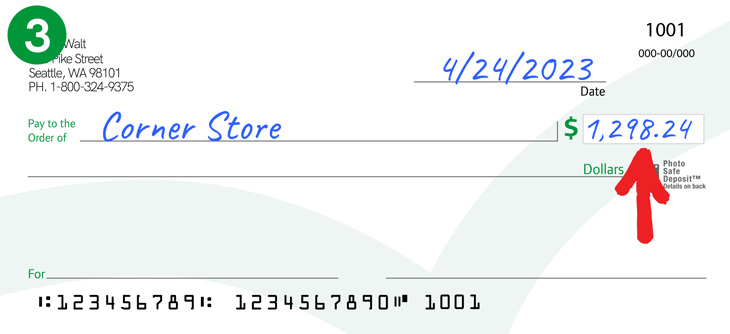 Image showing "1,298.24" added to the amount section of a check