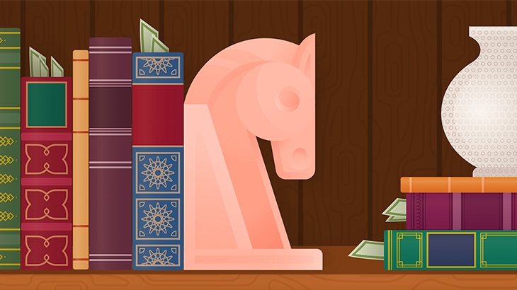 An illustration of a bookshelf with a large, pink knight chess piece on the shelf, surrounded by several books. Dollar bills are sticking out from between some of the book covers, suggesting money is being saved or hidden.
