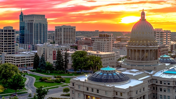 Sunset over Capitol of Idaho, City of Boise skyline.
